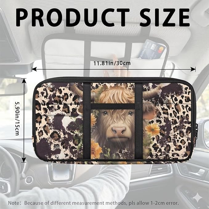 Cow Zippered Fancy Mobility Car Sun Visor Organizer with Picture Holder Glasses Storage Pouch with Adjustable Straps and Multi-Pocket Easy Installation Universal Fit for Most Cars SUV