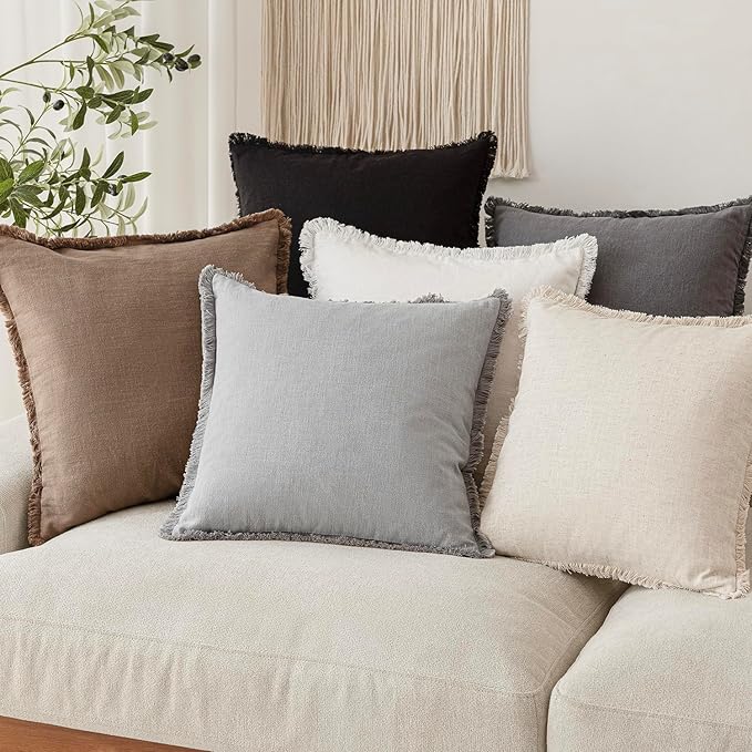 Foindtower Set of 2 Decorative Linen Fringe Throw Pillow Covers Cozy Farmhouse Cushion Cover with Tassels Accent Pillowcase f