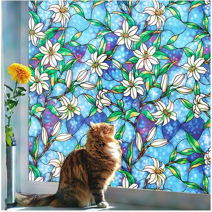 Coavas Decorative Window Privacy Film, Heat Control Sun Blocking Stained Glass Window Film, Floral Design Static Cling, Non Adhesive Windows Tint for Bathroom Front Door(Vinyl, 47.2" x 157.4 ")