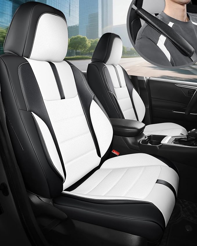 FREESOO Black White Front Car Seat Covers - Faux Nappa Leather Seat Covers for Cars, with Carbon Fiber Texture Seatbelt Pads,