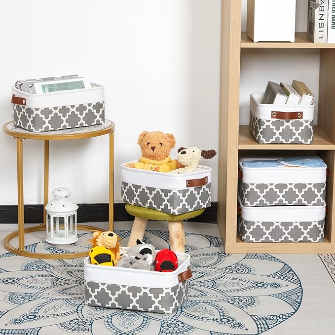 HNZIGE Small Baskets Fabric Storage Baskets(6 Pack) Storage Bins with Leather Handles Empty Gift Basket Decorative Storage Ba