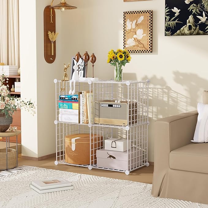 C&AHOME Wire Cube Storage, 4-Cube Storage Organizer Metal, C Grids Storage Bins Shelving, Modular Bookshelf Shelf, Closet Cab