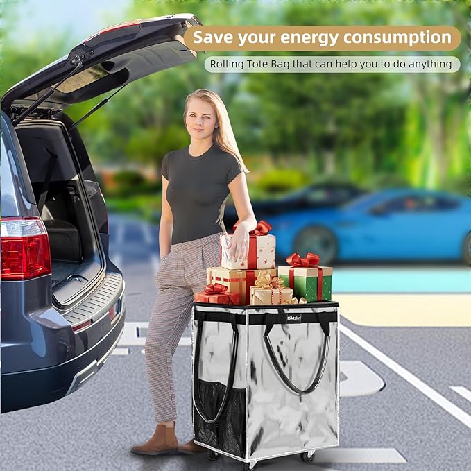 (Medium, Starlight Silver)Reusable Grocery Bag on 4 Wheels,Foldable Rolling Tote Carries Up to 66lb Shopping Trolley,Rolling Bag with 3 Handles,Zipper Clouser Rolling Tote Bag with Wheels for Laundry
