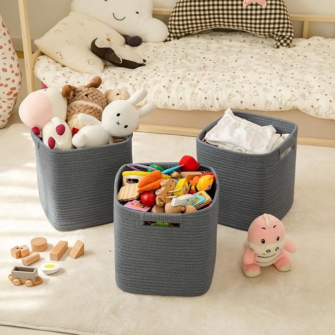 OIAHOMY Storage Cubes 11 Inch Storage Bins-3 Pack, Cotton Rope Woven Baskets for Organizing, Square Baskets for Shelves Organ