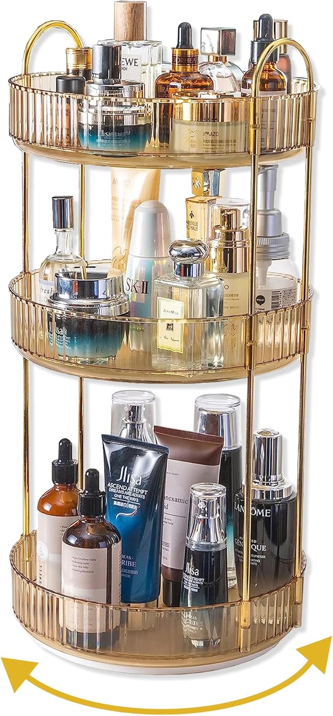 Asayuee 360 Rotating Makeup Organizer for Vanity,3 Tier Large Capacity Vanity Storage,Skincare Perfume Spinning Organizer,Bat