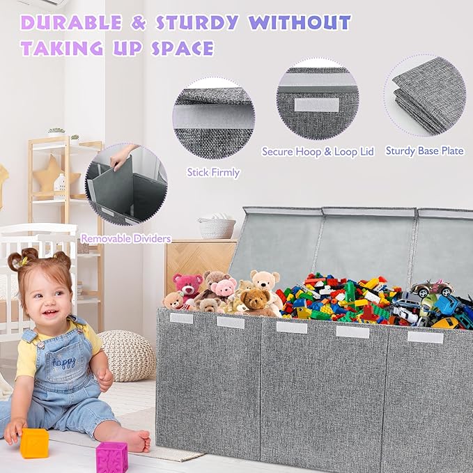Extra Large Toy Storage Organizer with Lid, Large Toy Box Collapsible Toy Chest Storage Box Design - Toys Bin with Dividers f