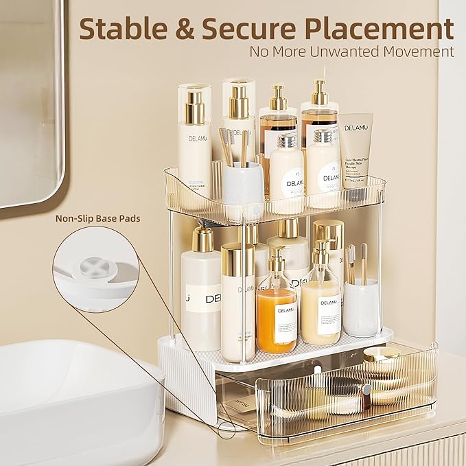 Delamu 3-Tier Bathroom Counter Organizer with Drawer, Multi-Purpose Makeup Organizer Countertop for Vanity, Large Cosmetic Di