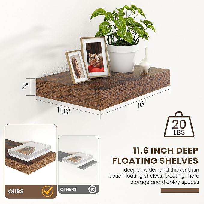 12 Inch Deep Floating Shelves | 16 Inch Brown Floating Shelves Set of 2 | 16W x 12D Rustic Shelves for Wall | Deep Wood Shelv