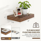 12 Inch Deep Floating Shelves | 16 Inch Brown Floating Shelves Set of 2 | 16W x 12D Rustic Shelves for Wall | Deep Wood Shelv