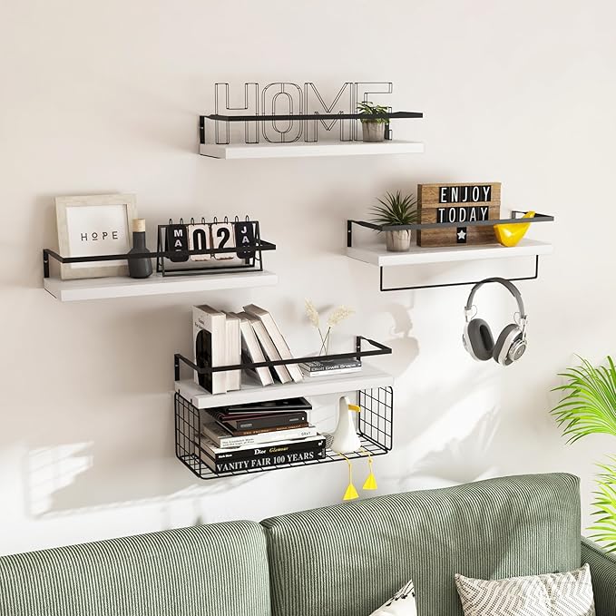 White Wood Floating Shelves Wall Mounted - 4+1 Tier Rustic Bathroom Wall Shelves Over Toilet with Wire Storage Basket and Tow