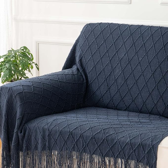 BATTILO HOME Navy Blue Throw Blanket with Fringe, Geometric Bed Blue Throws, Spring Decorative Large Throw for Couch Sofa Ind