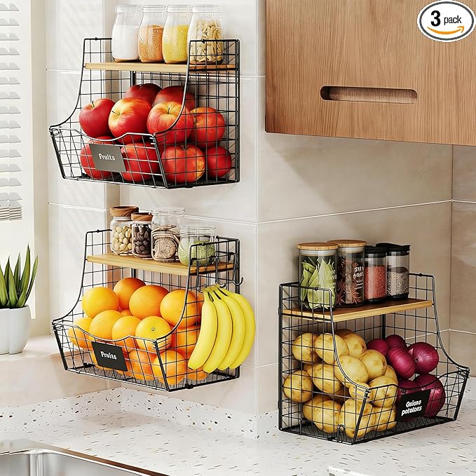 3 Pack wire Fruit Basket for Kitchen with Wood Lid - Counter&Wall Mounted Onion and Potato Storage with Nameplate, Hanging Ba