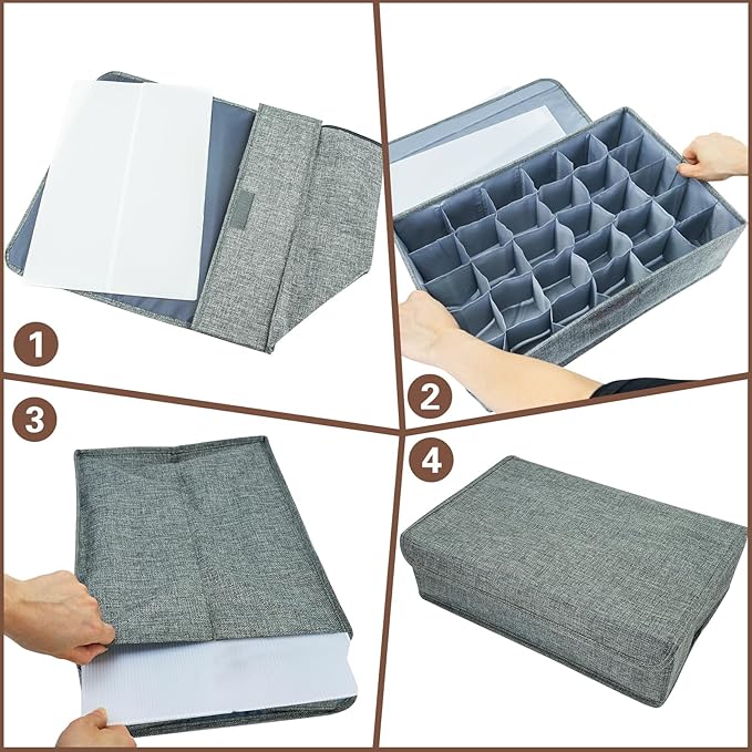 PINGMIC Gray Sock Organizer Divider 2 Pack with Lid - 30 Cell Foldable Closet Storage, Tie Organizer For Men Boxes for Socks,
