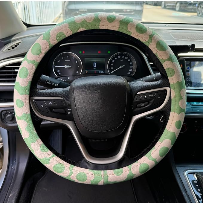 Vintage Groovy Flowers Car Leather Steering Wheel Cover - 15-inch Universal Microfiber- Soft & Breathable & Silicone Anti Sli