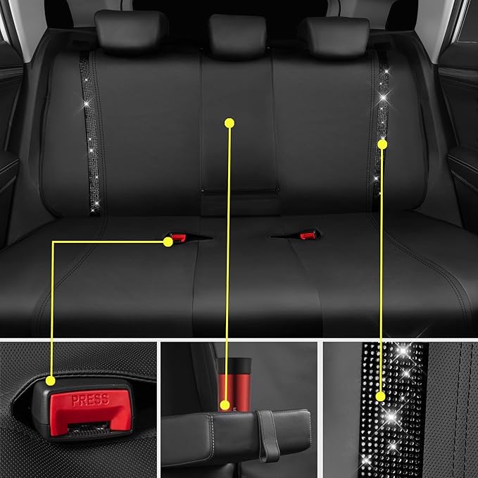 CAR PASS Leather Bling Diamond Car Seat Covers Full Set, Shining Rhinestone Waterproof Durable Rear with Zipper, Universal Fit Automotive Glitter Crystal Sparkle Strip for Cute Women Girly Black