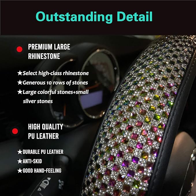PINCTROT Bling Bling Comfy Steering Wheel Cover with Jumbo Crystal Rhinestones, Anti-Slip Diamond Leather, Universal 15 Inch (Colorful)