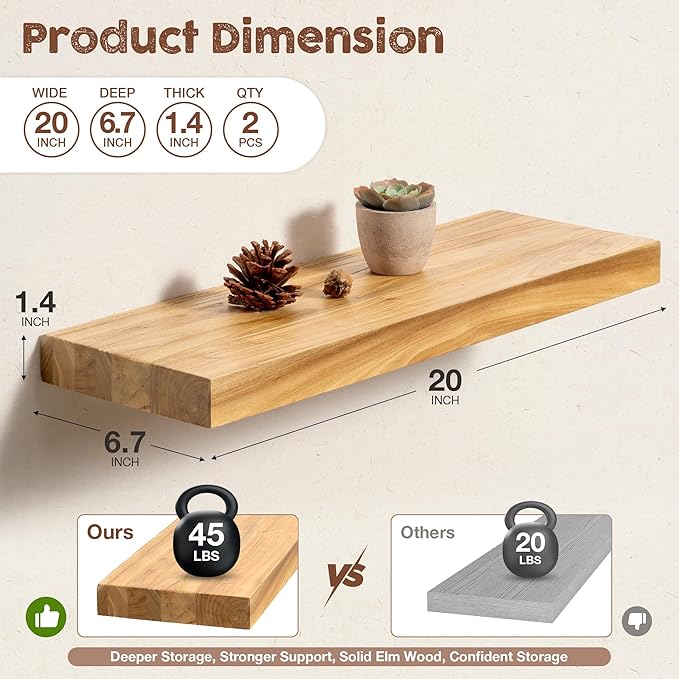 fuqing Floating Shelves for Wall, 20 inch Rustic Solid Elm Wood Floating Shelves, Wooden Wall Shelves with Invisible Heavy Du