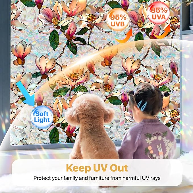 Magnolia Sunroof Stained Glass Window Film Decorative, 3D Rainbow Window Film Non-Glue Static Cling Sunroof Decal for Car Moonroof Home Glass Door Decor, 16.9" x 39.4"