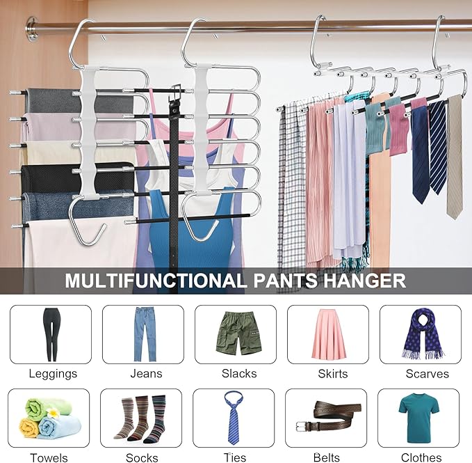 Upgrade 6 Layers Pants Hangers Space Saving, 2Pack Stainless Steel Multifunctional Rack Non Slip S-Type Clothes Jean Hanger C