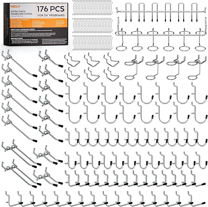 INCLY 176PCS Extra Thick Pegboard Hooks, 1/4" Heavy Duty Metal Peg Board Hooks Assortment with Peg Locks Pegboard Accessories