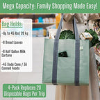 VENO 4 Pack Reusable Grocery Bags, Heavy-Duty Shopping Bags with Handles, Bags for Shopping Cart with Hard Bottom to Stand Upright, Foldable, Multi-Purpose(Light Green, 4 Pack)