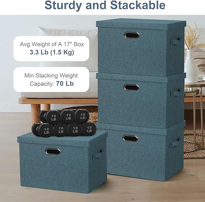 Graciadeco Large 17" 36 Quart Collapsible Stackable Storage Bins with Lids, 3 Packs Blue-Green Linen Fabric Closet Boxes with