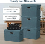 Graciadeco Large 17" 36 Quart Collapsible Stackable Storage Bins with Lids, 3 Packs Blue-Green Linen Fabric Closet Boxes with
