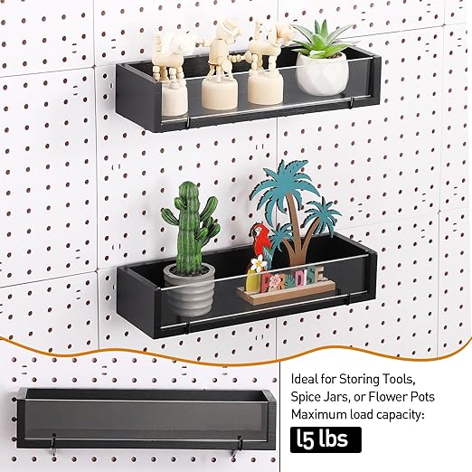 Marsui 2 Pcs Pegboard Shelf Wood with Acrylic 12.2 x 3.94 Inch Display Shelves Brackets with Metal Hooks Heavy Duty Pegboard 