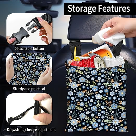 Car Trash Bag Large Hanging Can for Back of Seat, Cute Waterproof Car Garbage Bag for Vehicle, Travelling, Outdoor Cute Blue Floral