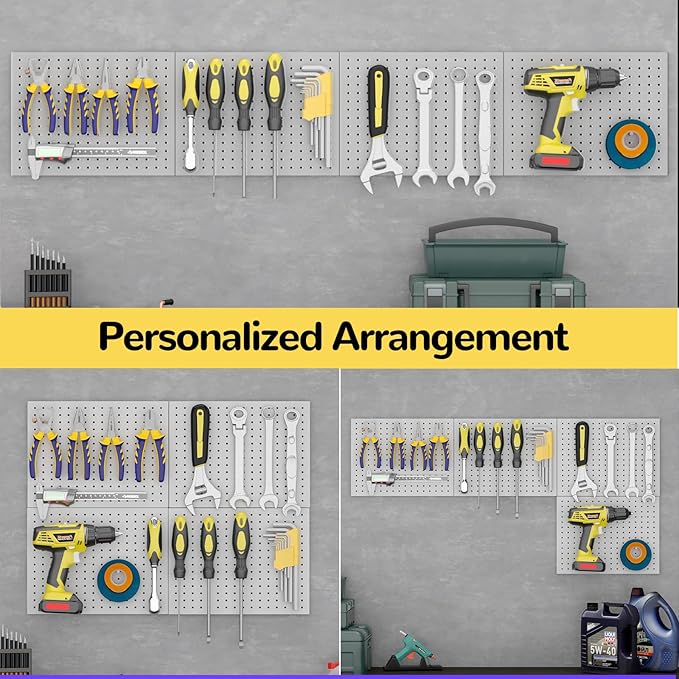 Peg Board,4 Pack Metal Pegboard Panels with 8 hooks,PegBoard Wall Organizer,16"x12" Steel PegBoard for Walls,Tools,Garage,Off