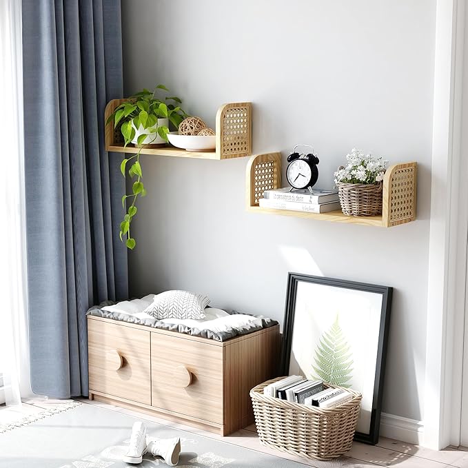 Rattan Shelf Set of 2, Cute Nursery Shelves Wall Mounted, Natural Hanging Bookshelf Storage, Boho Decorative Floating Shelves