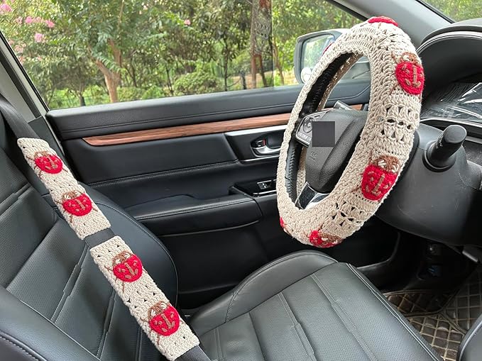 Crochet Ladybug Steering Wheel Cover Universal 14-15 inch (Steering Wheel Cover+2 Belt Cover)