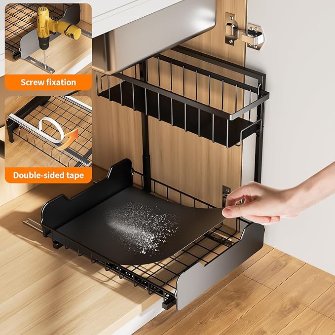 Under Sink Organizer, 2-Tier L-Shaped Pull Out Cabinet Shelf with 2 Installation Methods, Adjustable Sliding Storage Drawer f