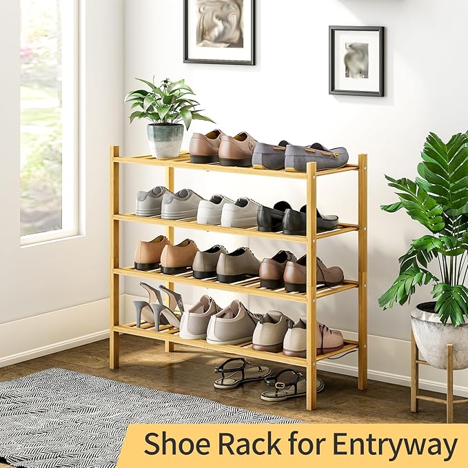 4-Tier Bamboo Shoe Rack for Entryway, Stackable | Heavy Duty | Multi-Function, Free Standing Shoe Racks for Bedroom Hallway C