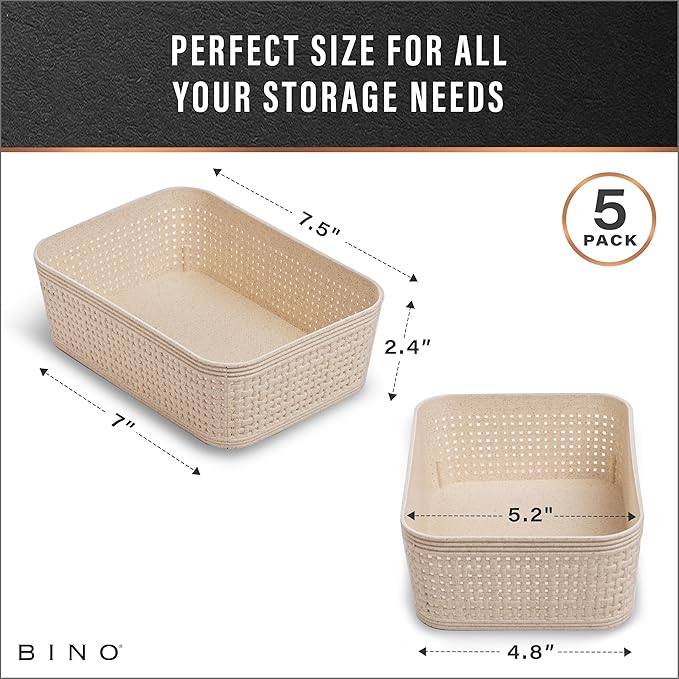 BINO | Woven Plastic Basket | XS (Natural), 5-Pack | THE JUTE COLLECTION | Home Organization, Space - Saving Storage, Stylish