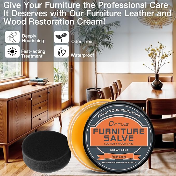 Furniture Salve with Beeswax & Orange Oil for Leather, Wood, Vinyl – 3-in-1 Polisher, Conditioner & Restorer for Couches, Tab