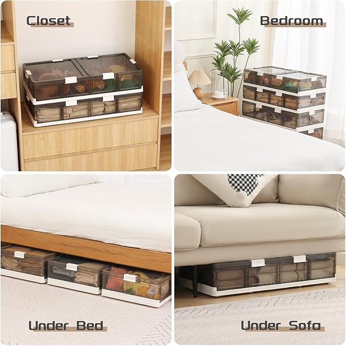 2-Pack Under Bed Storage Containers with Wheels - Stackable, Foldable Plastic Storage Boxes with Lids for Clothes, Shoes, Bla