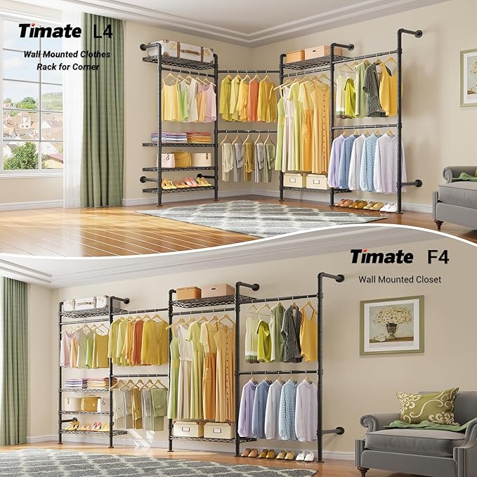 Timate F4 Wall Mounted Clothes Rack Industrial Pipe Clothing Rack for Hanging Clothes, Expandable Garment Rack Heavy Duty War