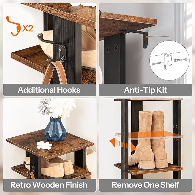 HOOBRO 8 Tiers Vertical Shoe Rack, Wooden Shoe Storage Organizer with Hooks, Narrow Shoe Tower for 8 Pairs, Space Saving, for