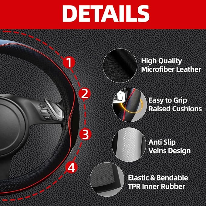 NBTEPEM Microfiber Steering Wheel Cover and Waterproof Car Floor Mats, Universal Fit Most Truck, SUV, Cars, 14.5-15inch Sporty Steering Wheel Covers with Anti-Slip Lining (Black with Red line)