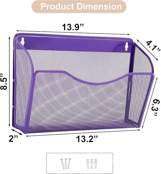EASEPRES 3 Single Pocket Mesh Hanging File Organizer, Vertical Wall Mounted Magazine File Holder, Mount Basket Mail Paper Doc