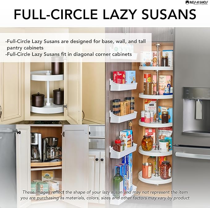 Rev-A-Shelf 2 Tier Full-Circle Lazy Susan for Corner Wall Cabinets Plastic 18" Double Shelf Swivel Kitchen Spice/Can Organize