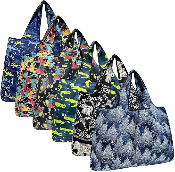 allydrew Large Foldable Tote Nylon Reusable Grocery Bags, 6 Pack