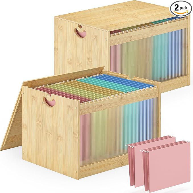 Hanging File Box Organizer for Letter Size 2 Pack, Bamboo Acrylic File Folder Storage with Lid Clear Wooden Moving Boxes Wood
