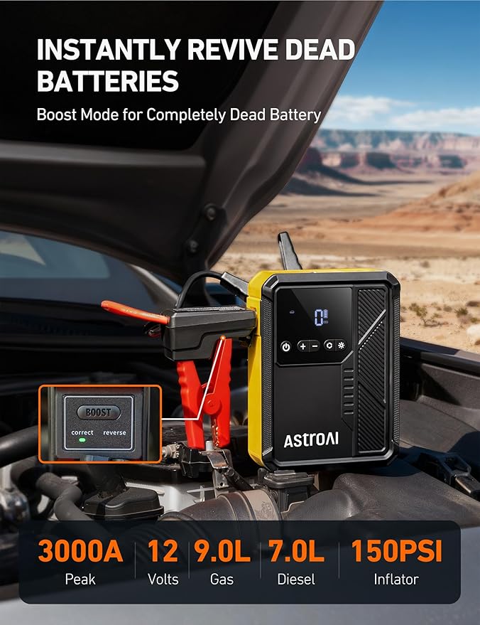 AstroAI Beta822 3000A Jump Starter with Air Compressor, 150PSI Portable Tire Inflator with Auto-Shutoff, 12V Car Battery