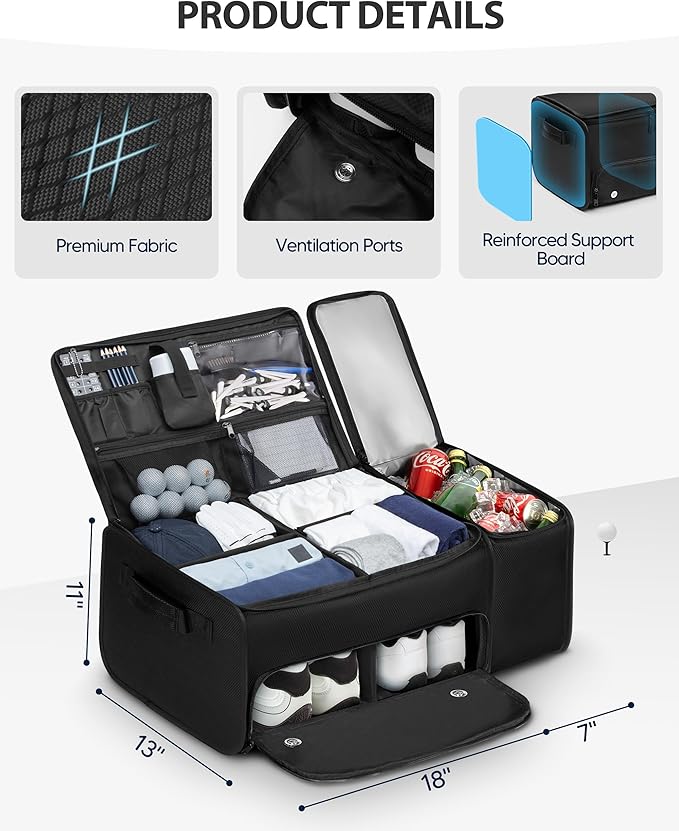 Golf Trunk Organizer with Built-in Hard Frame & Insulated Cooler Compartment, Ventilated Shoe Storage for 2 Pairs(Up to Mens U