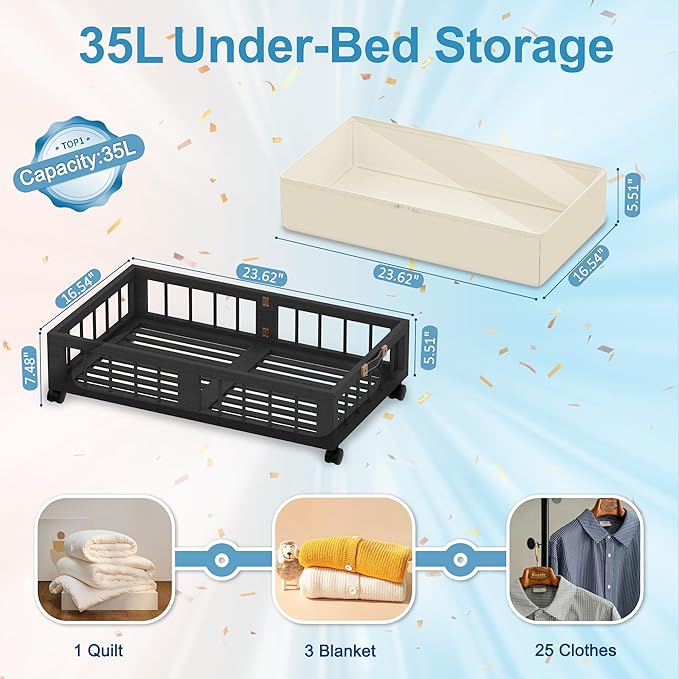 efluky 2-Pack Bamboo Under Bed Storage Containers with Wheels, Under Bed Clothes Storage Basket with Large Dust Bag, Rolling 
