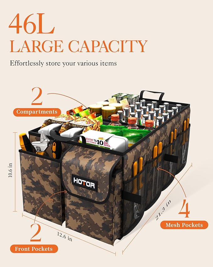HOTOR Trunk Organizer - Car Organizer, Foldable Trunk organizer for SUVs & Sedans, Sturdy Car Organization for Car Accessories
