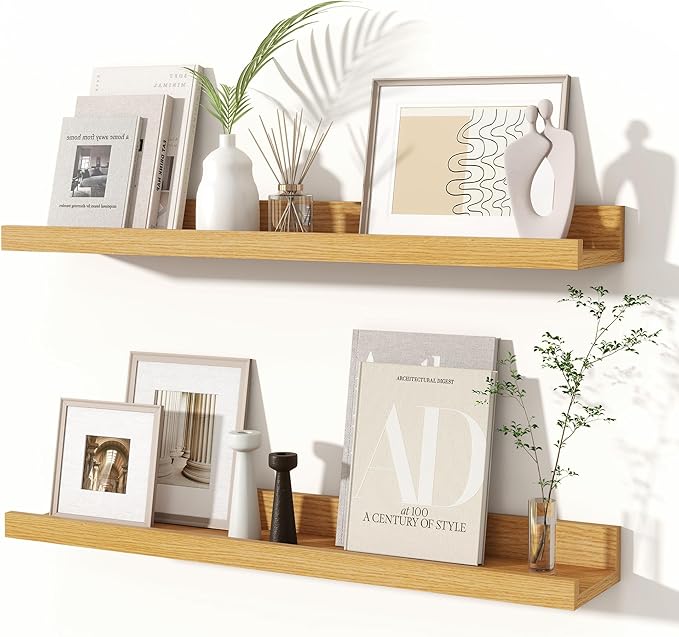 Fun Memories Picture Ledge Shelves Set of 2, 24 Inch Rustic Wall Mounted Floating Shelves with Lip for Home Storage and Décor