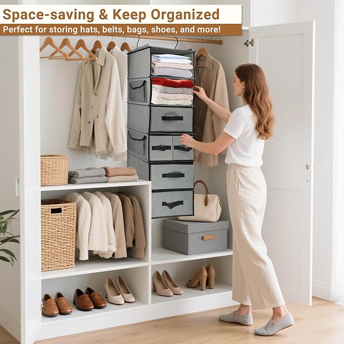 Durable 6-Tier hanging closet organizer with 5 Drawers & 3 Side Pocket,Thickened Fabric Hanging Shelves Holder with Sturdy Ho